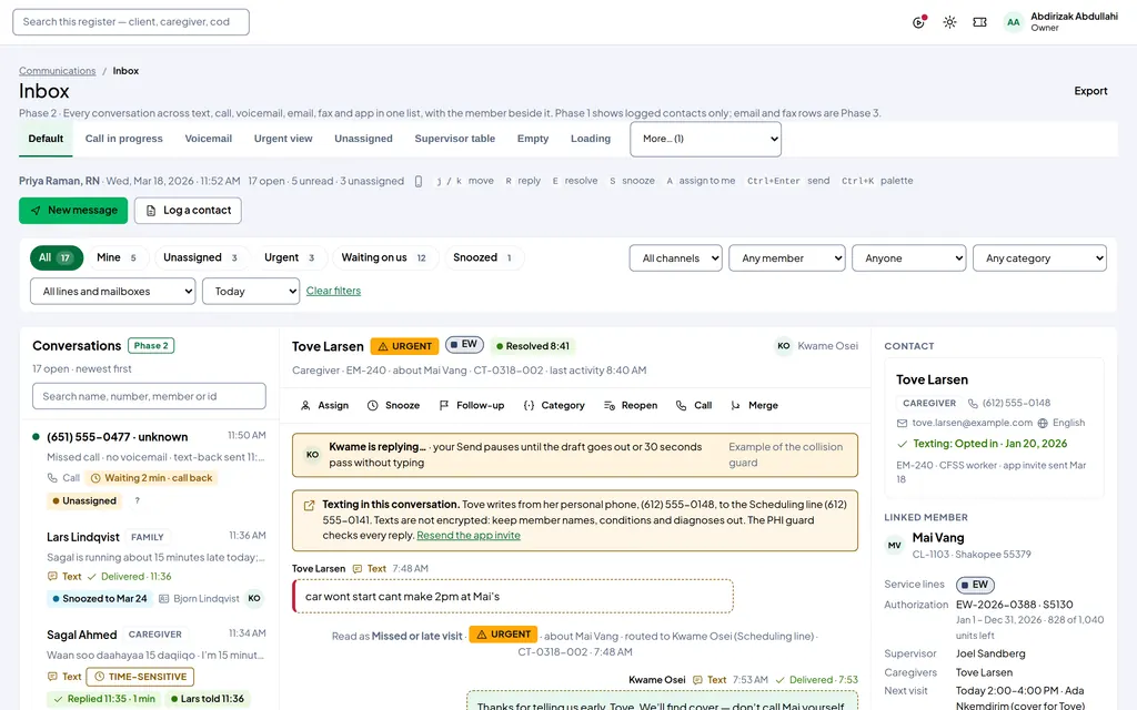 Accrenza Connect inbox: conversations across text, call, voicemail and email in one list, with the caregiver and member beside each one.